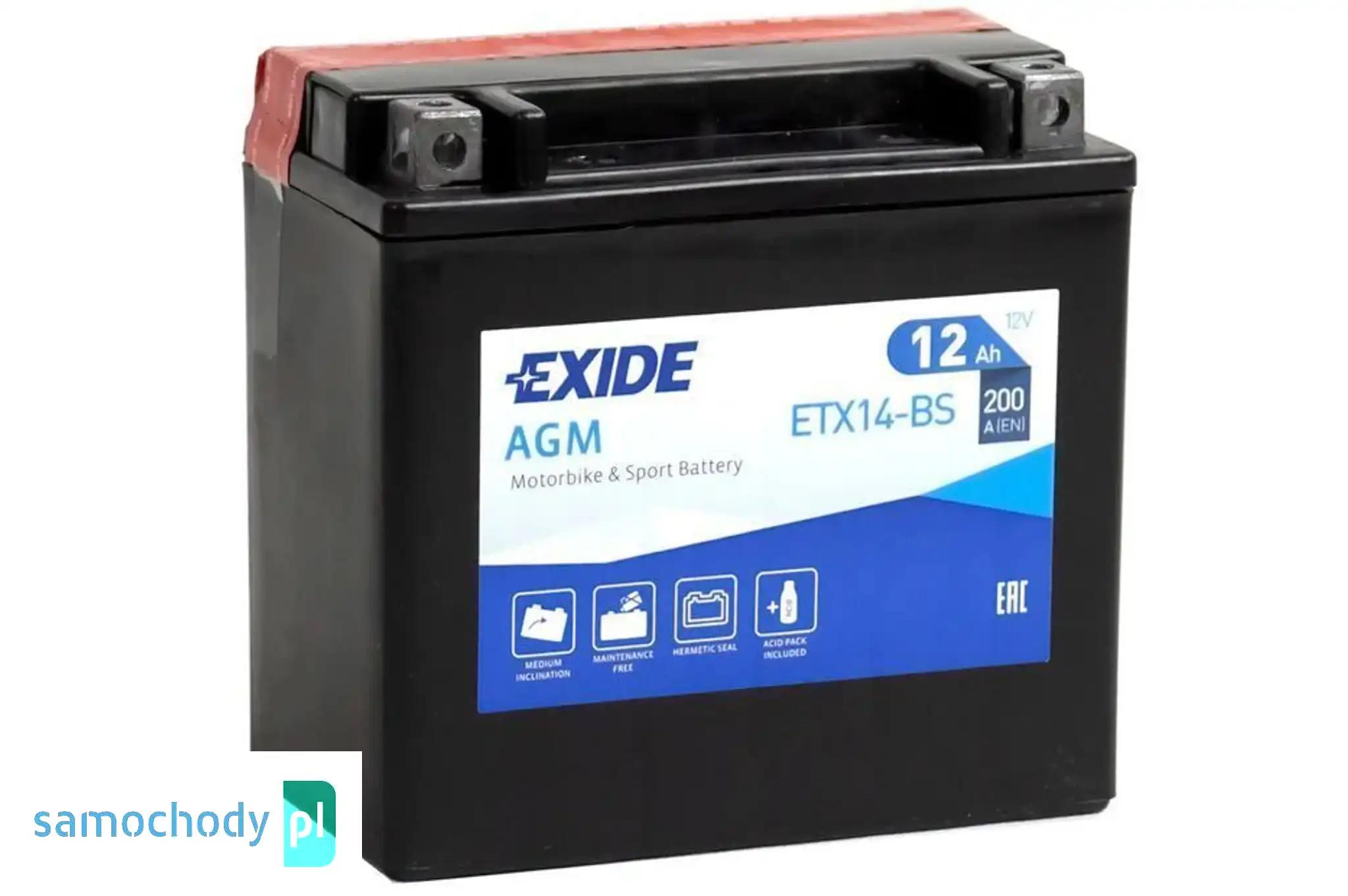 Akumulator motocyklowy EXIDE ETX14-BS YTX14-BS 12V 12Ah 200A EN L+